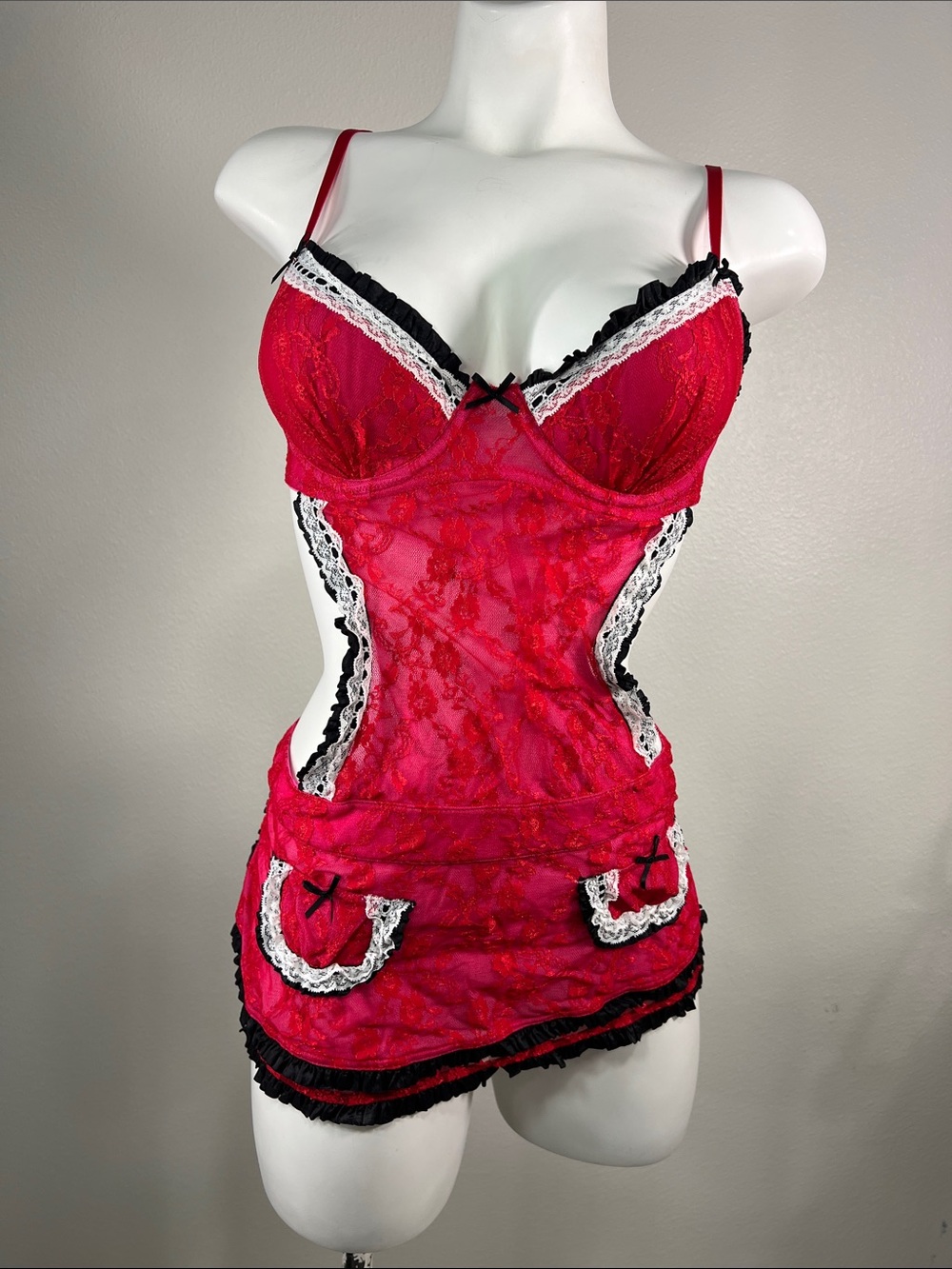 Victoria's Secret Sexy Little Things Red & Hot Pink Lace Chemise Apron 36B